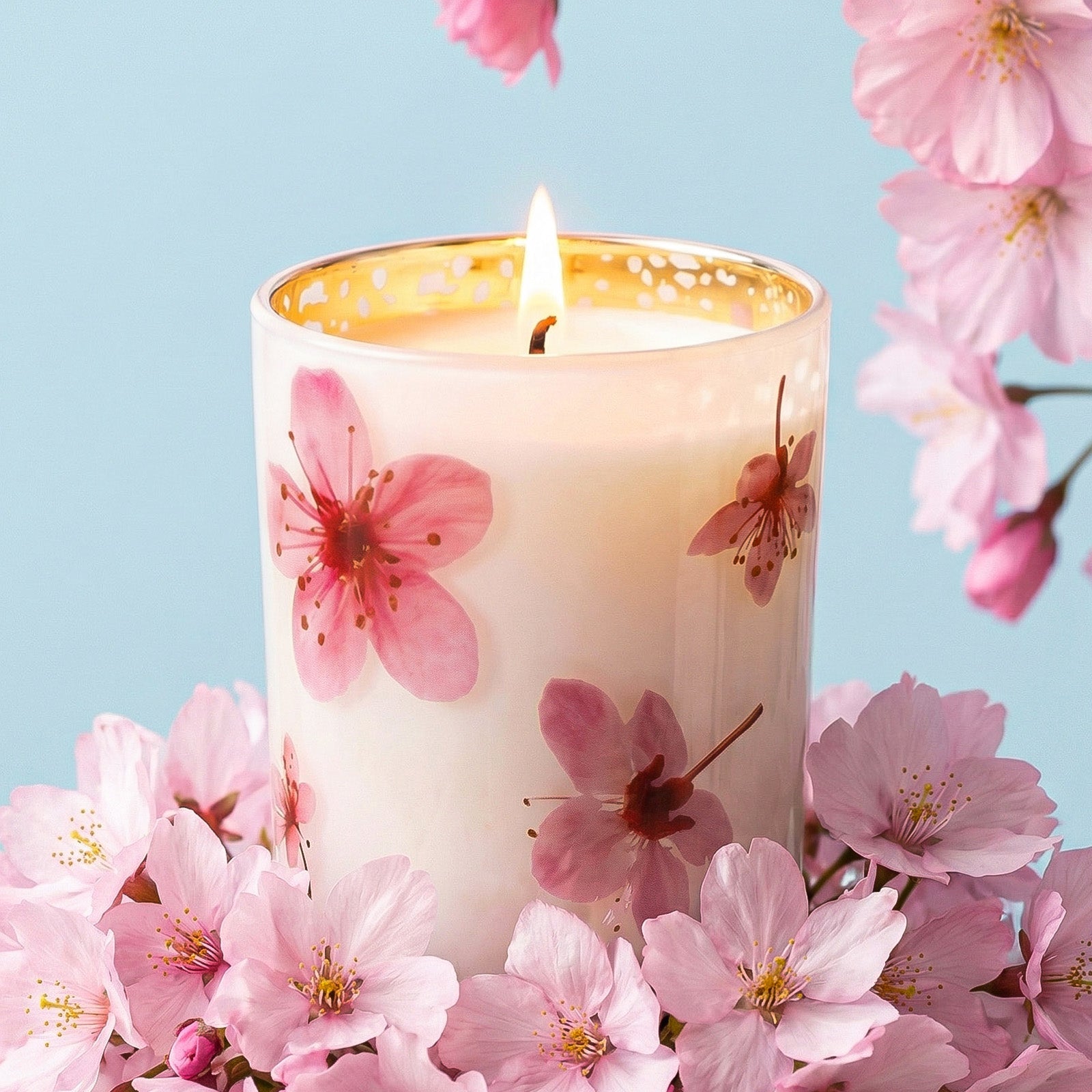Lit Sakura Pattern Glass Candle Jar Surrounded by Fresh Real Pink Cherry Blossom Flowers - Boowan Nicole