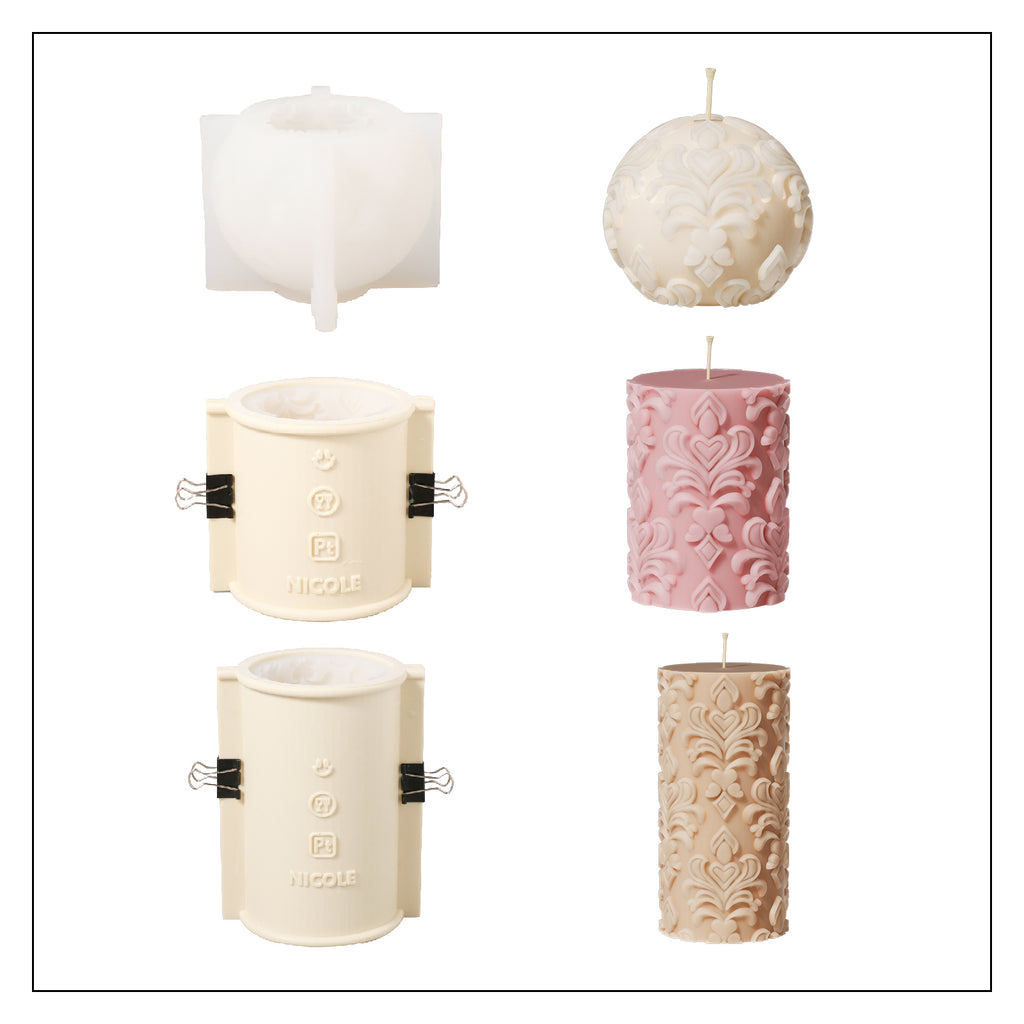 Set of sphere, short pillar, long pillar-shaped relief candles with corresponding 