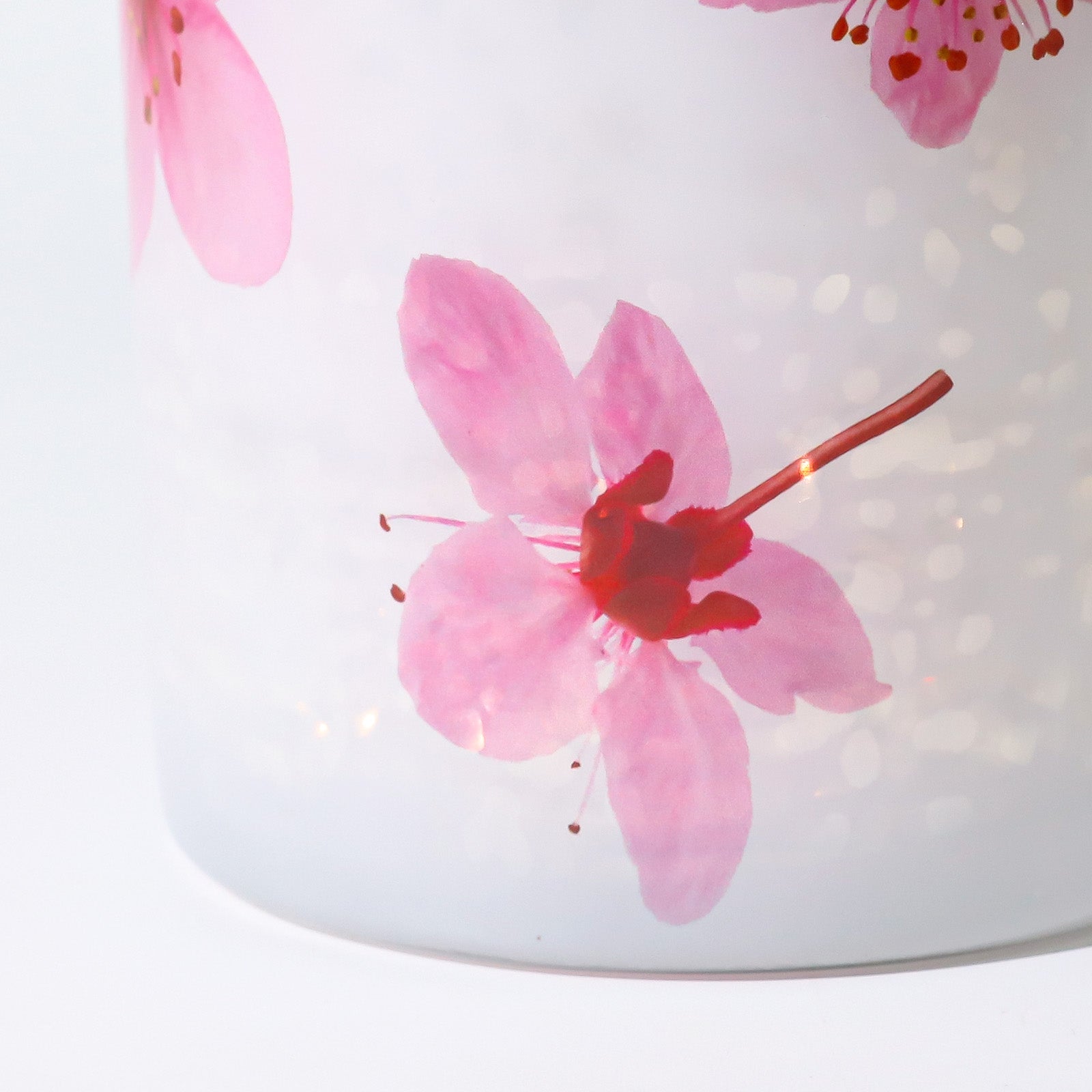 Partial Detailed Shot of Single Pink Sakura Floral Print on Frosted White Candle Vessel - Boowan Nicole