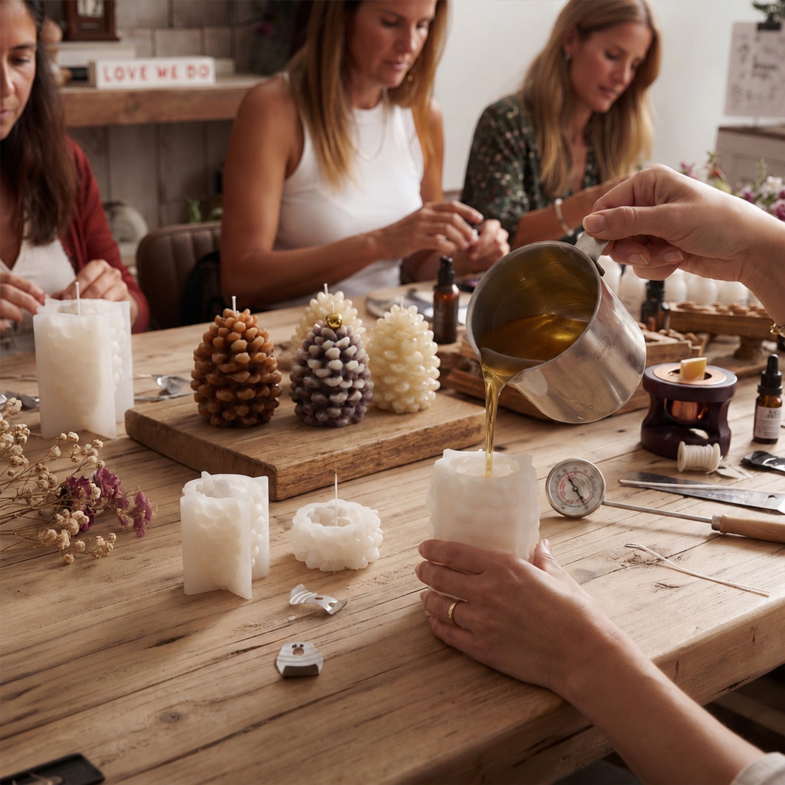  Candle making workshop scene: pouring melted wax into winter pinecone silicone molds wooden craft table group activity shot - Boowan Nicole