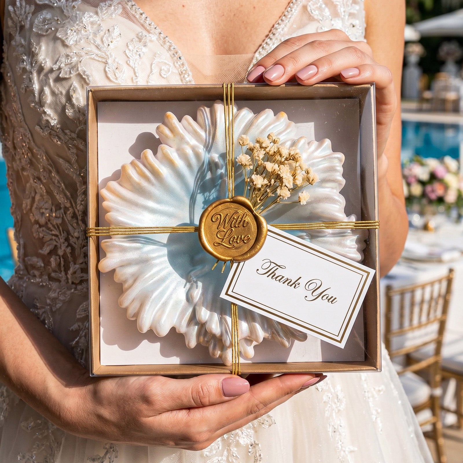Bride holding Ocean Wave Serenity Tray as a thank-you gift - Boowan Nicole