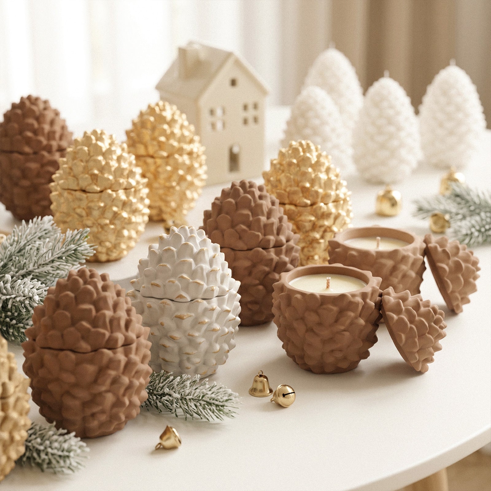 Assorted neutral tone Little Woodland Pinecone lidded candle jars, open candle vessels arranged on white table Christmas minimalist interior styling - Boowan Nicole