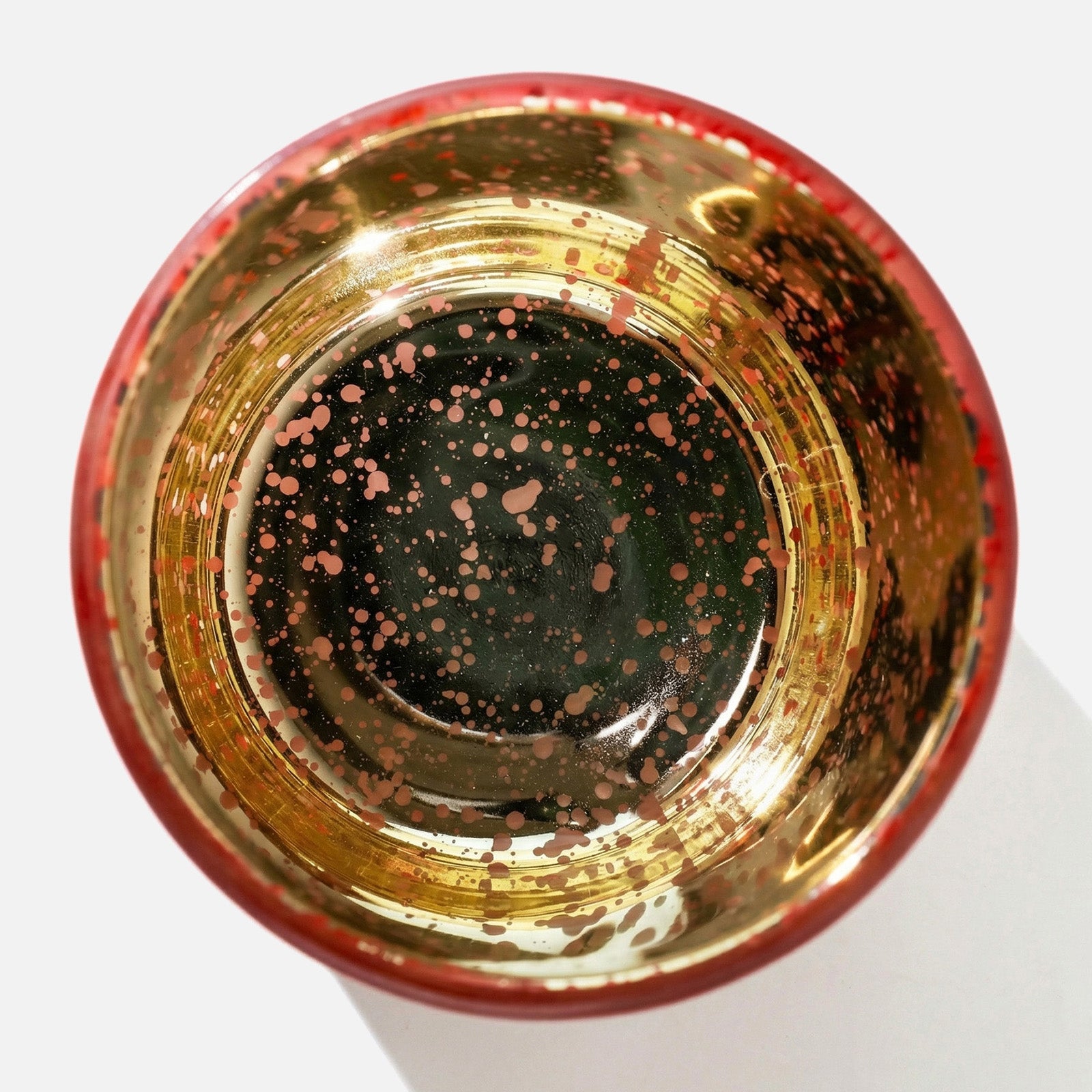 Top-down Shot of Speckled Metallic Gold Inner Base of Red Coral Design Glass Candle Jar - Boowan Nicole