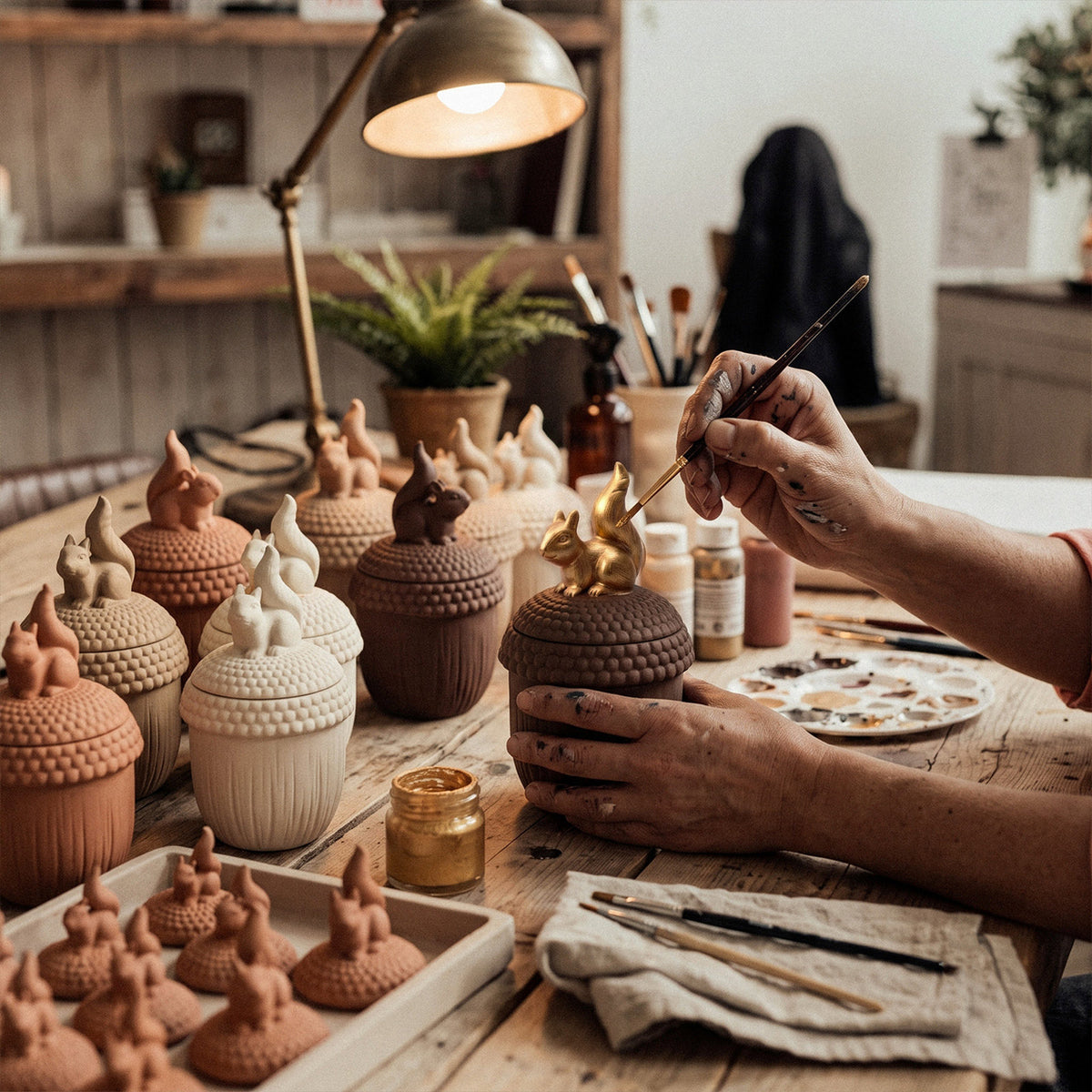 Crafter hand painting gold finish on squirrel toppers of handmade acorn candle jars in cozy workshop studio - Boowan Nicole