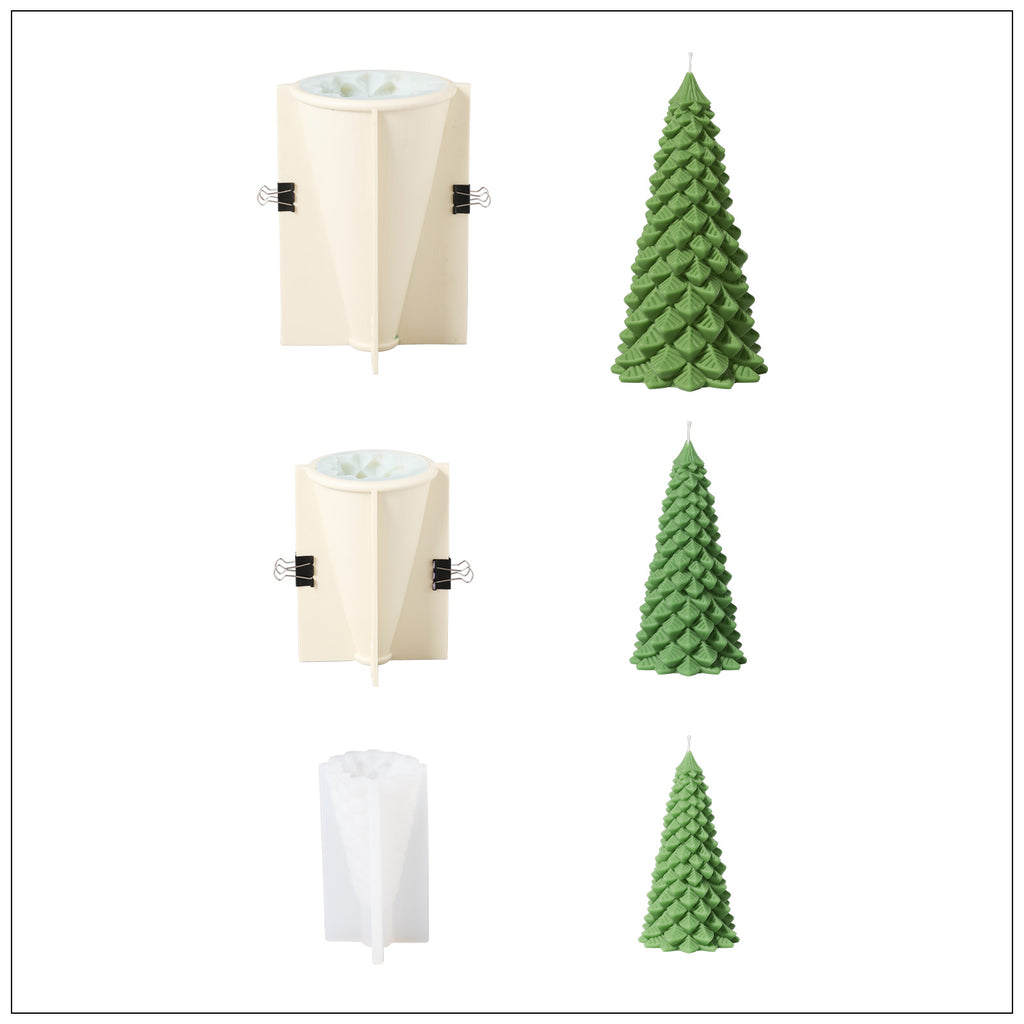Three different sizes of green Christmas pine candles and white silicone molds - Boowan Nicole