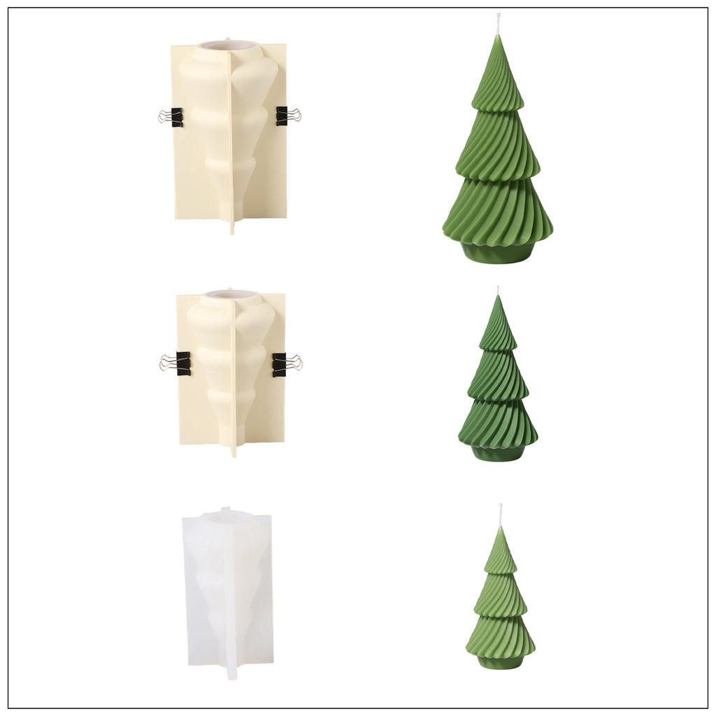 Three different sizes of green evergreen Christmas tree candles and corresponding silicone molds-Boowan Nicole