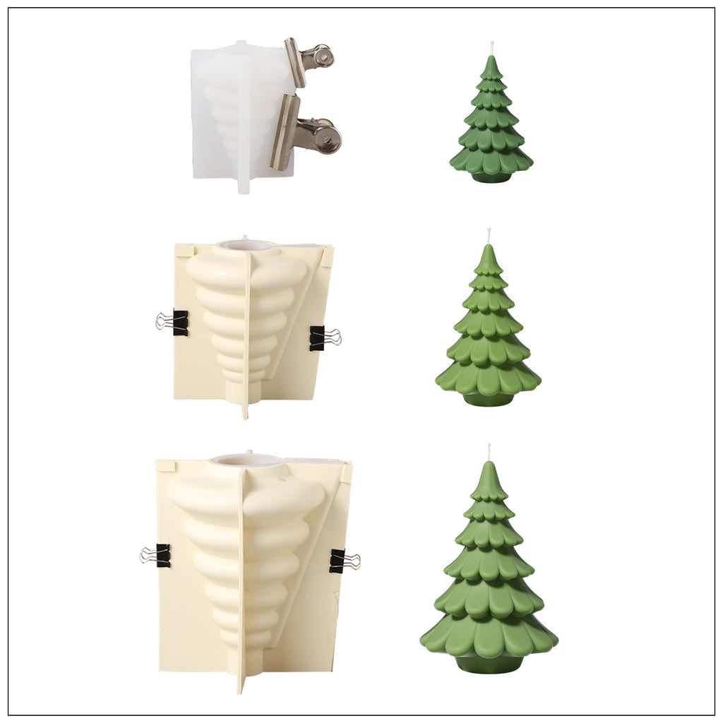 Three green Christmas tree candles and silicone molds, large, medium and small, designed by Boowan Nicole.