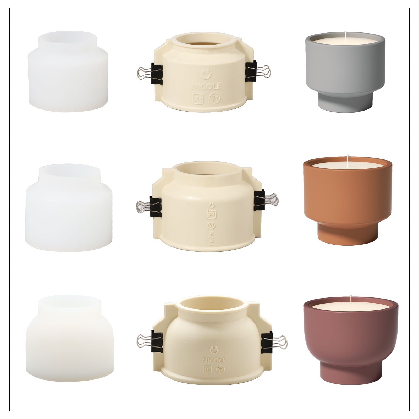 Bowl-shaped candle jars of different colors and types and corresponding silicone molds for making them