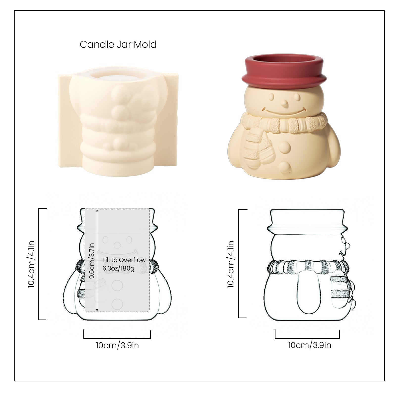 White Cheery Snowman's Winter Glow Candle Jar and White Silicone Molds and Finished Dimensions - Boowan Nicole