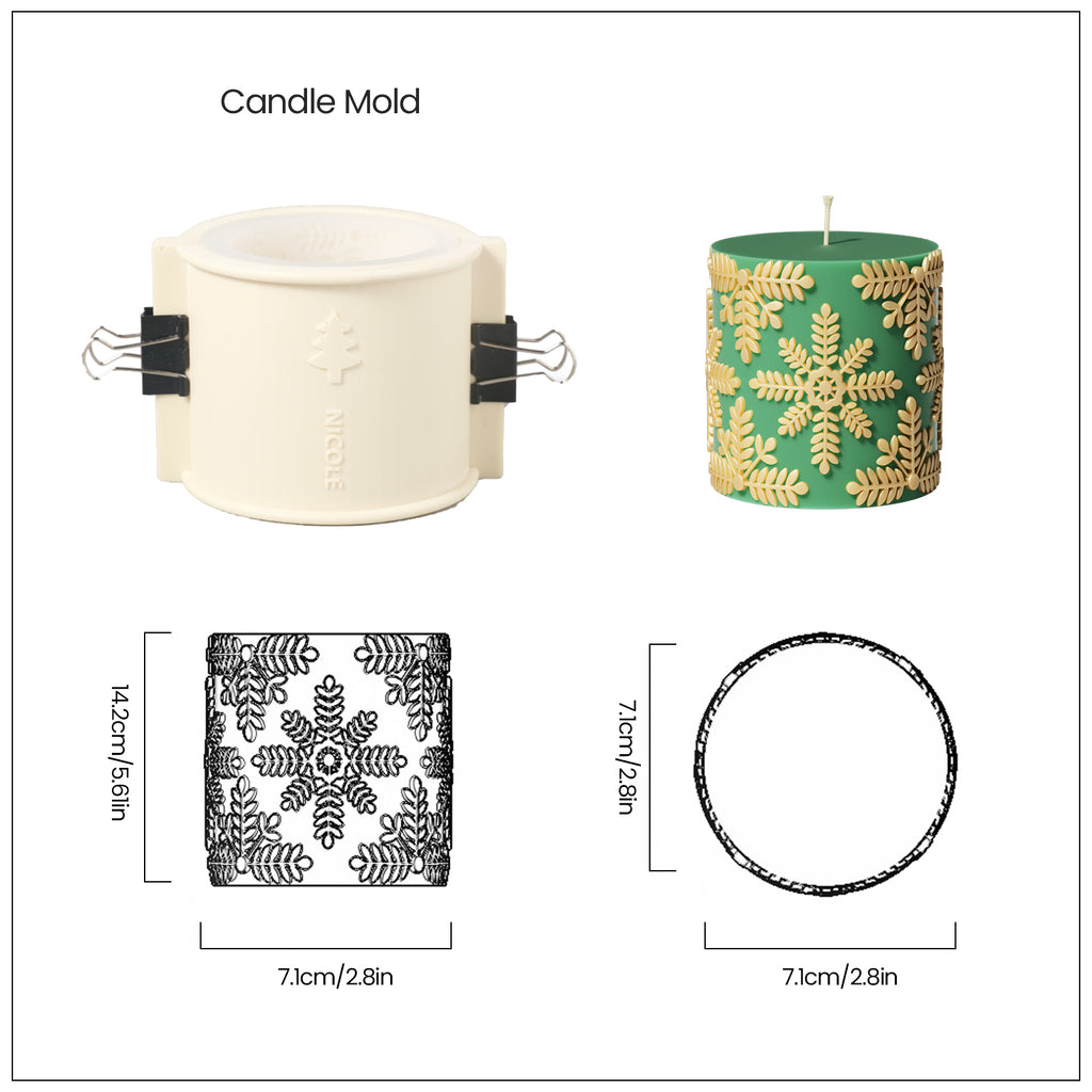 Short snowflake cameo candle with corresponding silicone mold and finished candle dimensions.