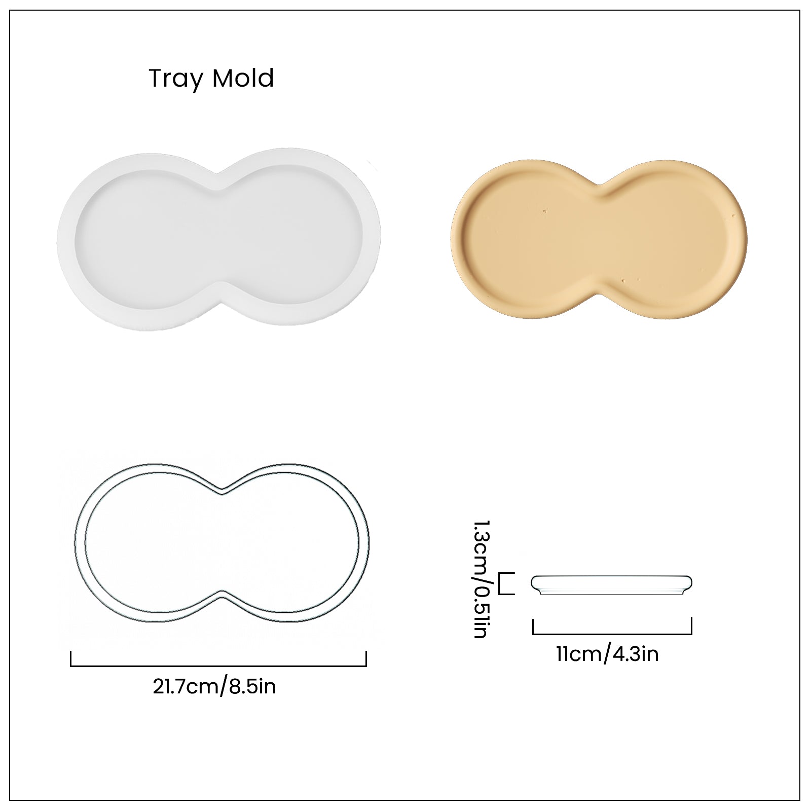 Yellow Double-Nut Peanut-Shaped Tray and White Silicone Molds and Finished Dimensions - Boowan Nicole