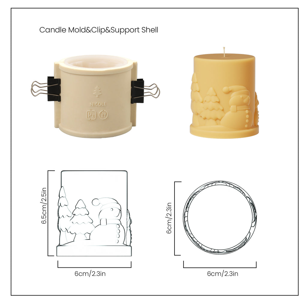 Yellow snowman pattern embossed candle and corresponding silicone mold set and finished candle size, designed by Boowan Nicole.