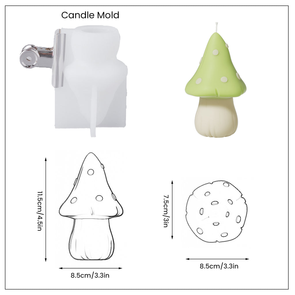 Green canopy jungle mushroom shaped candle and white silicone mold and finished candle size, designed by Boowan Nicole.