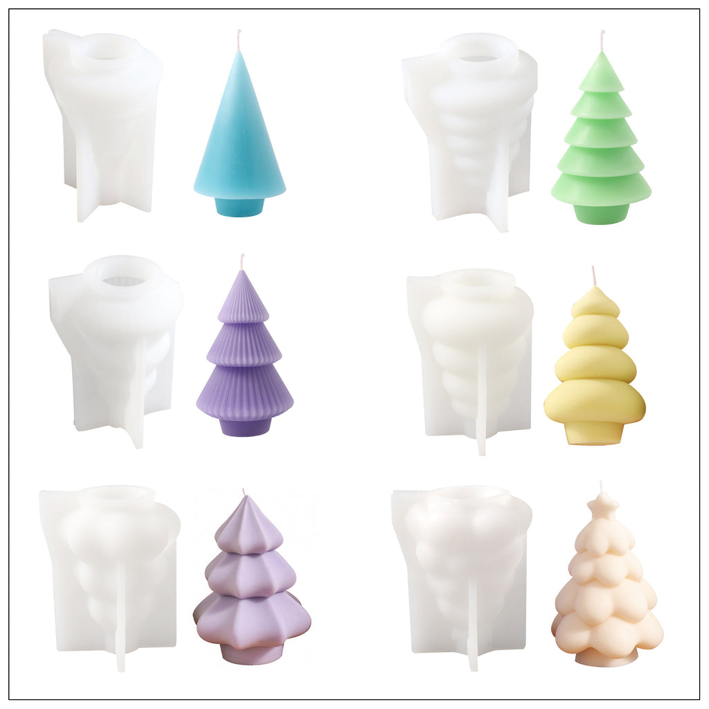 Six different colors and shapes of Christmas tree candles and white silicone molds - Boowan Nicole