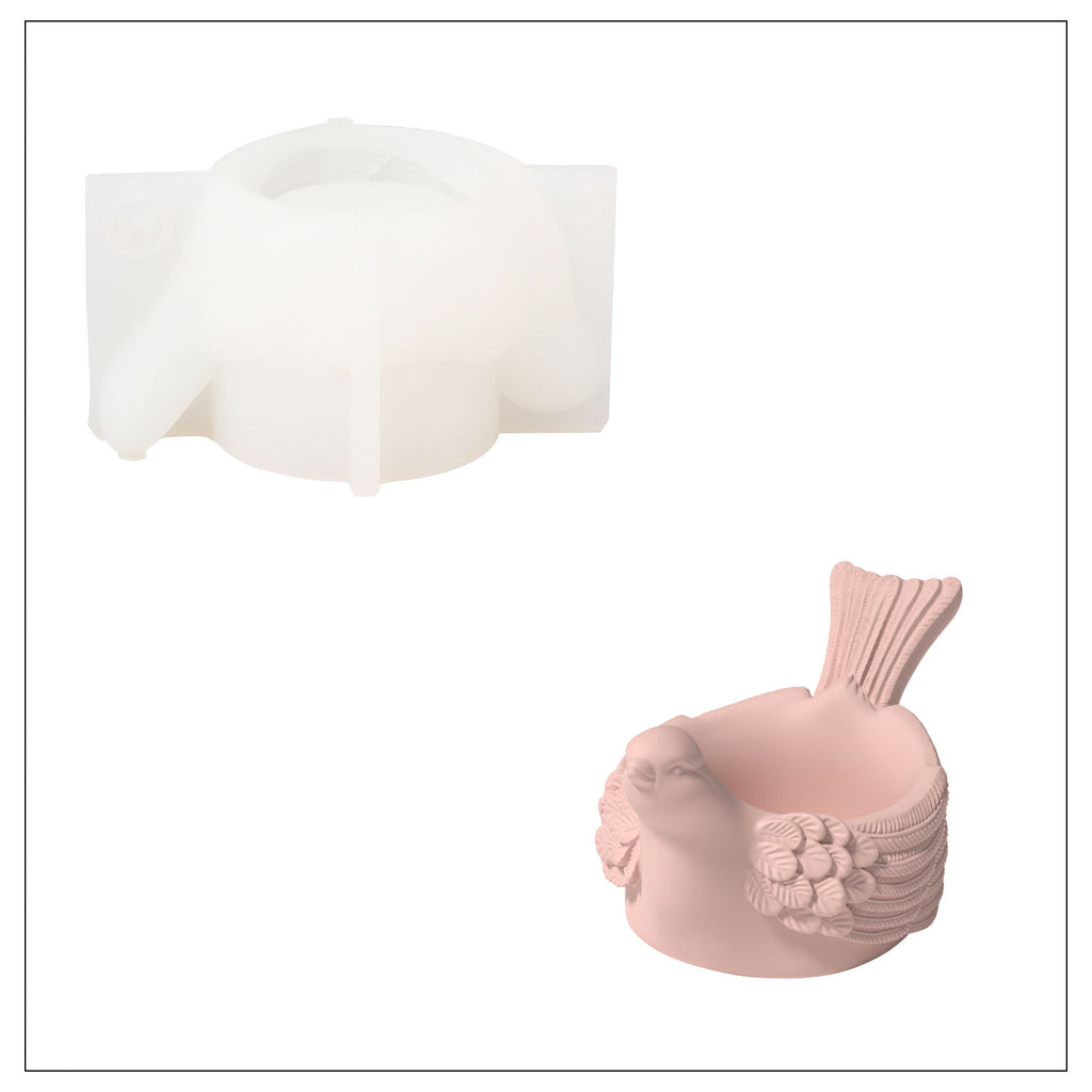 Visual comparison of a wing-closed bird-shaped tea light holder with its corresponding silicone mold, offering insight into the intricate molding process.
