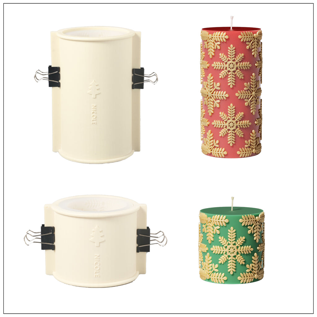 Displaying long and short gold snowflake relief cylinder candle sizes and corresponding silicone mold sets.