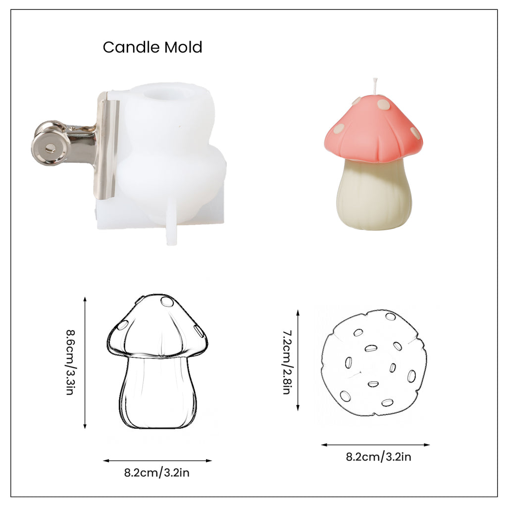 White silicone mold and pink cap fungus mushroom candle and finished candle size, designed by Boowan Nicole.