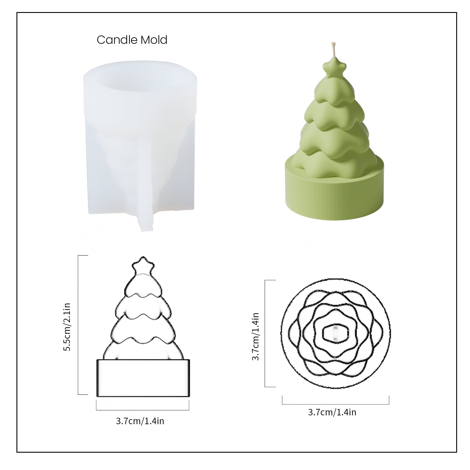 Green Mini Christmas Tree Candle and White Silicone Mold and Finished Size-Boowan Nicole
