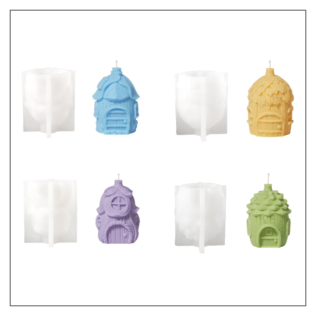 Four miniature fairy house candles and white silicone molds in different colors and shapes-Boowan Nicole