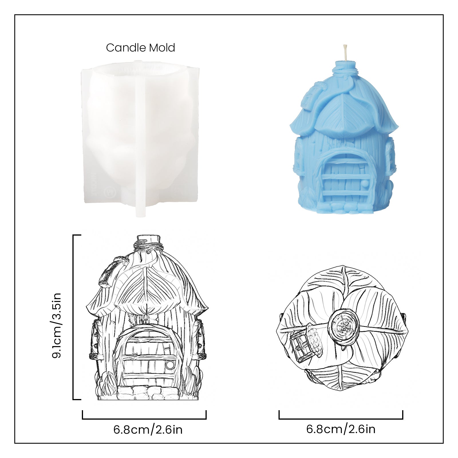 Blue Miniature Fairy House Candle and White Silicone Mold and Finished Size Display - Boowan Nicole
