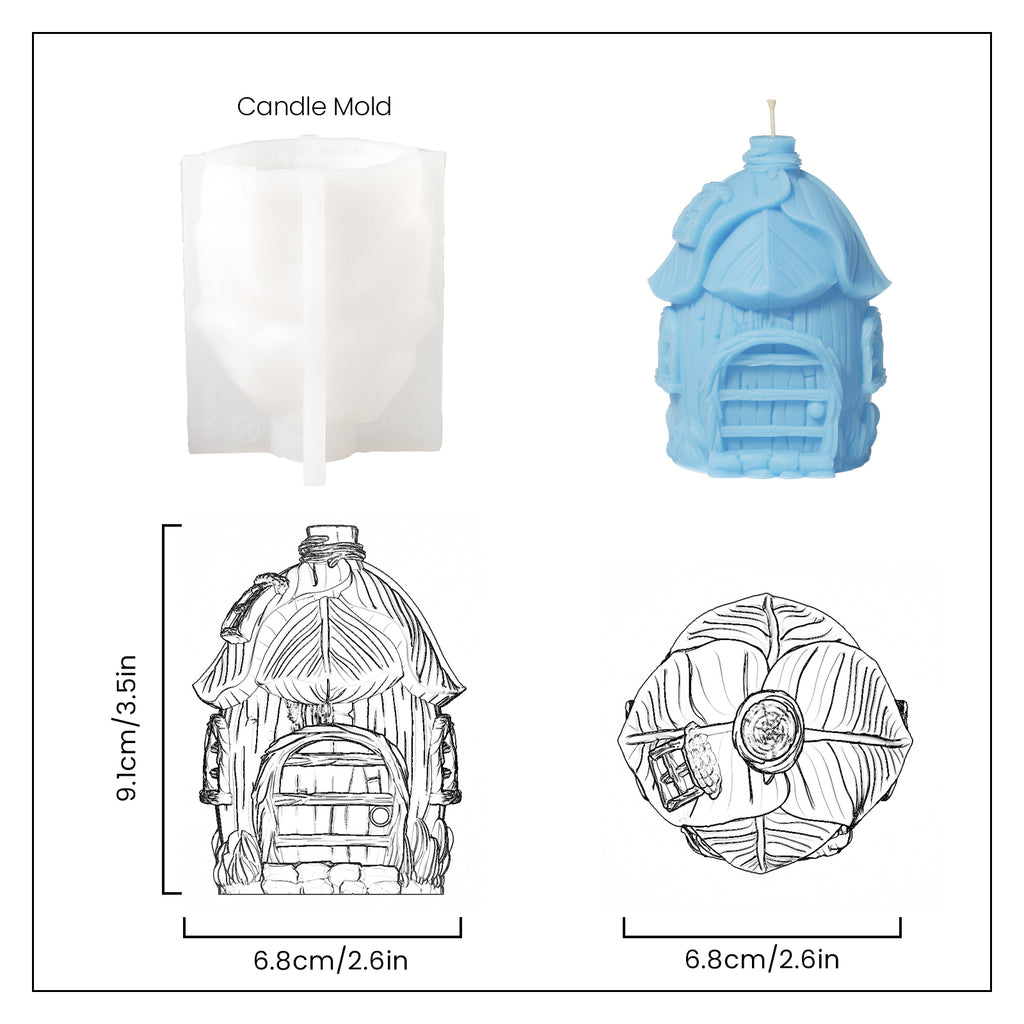 Blue Miniature Fairy House Candle and White Silicone Mold and Finished Size Display - Boowan Nicole