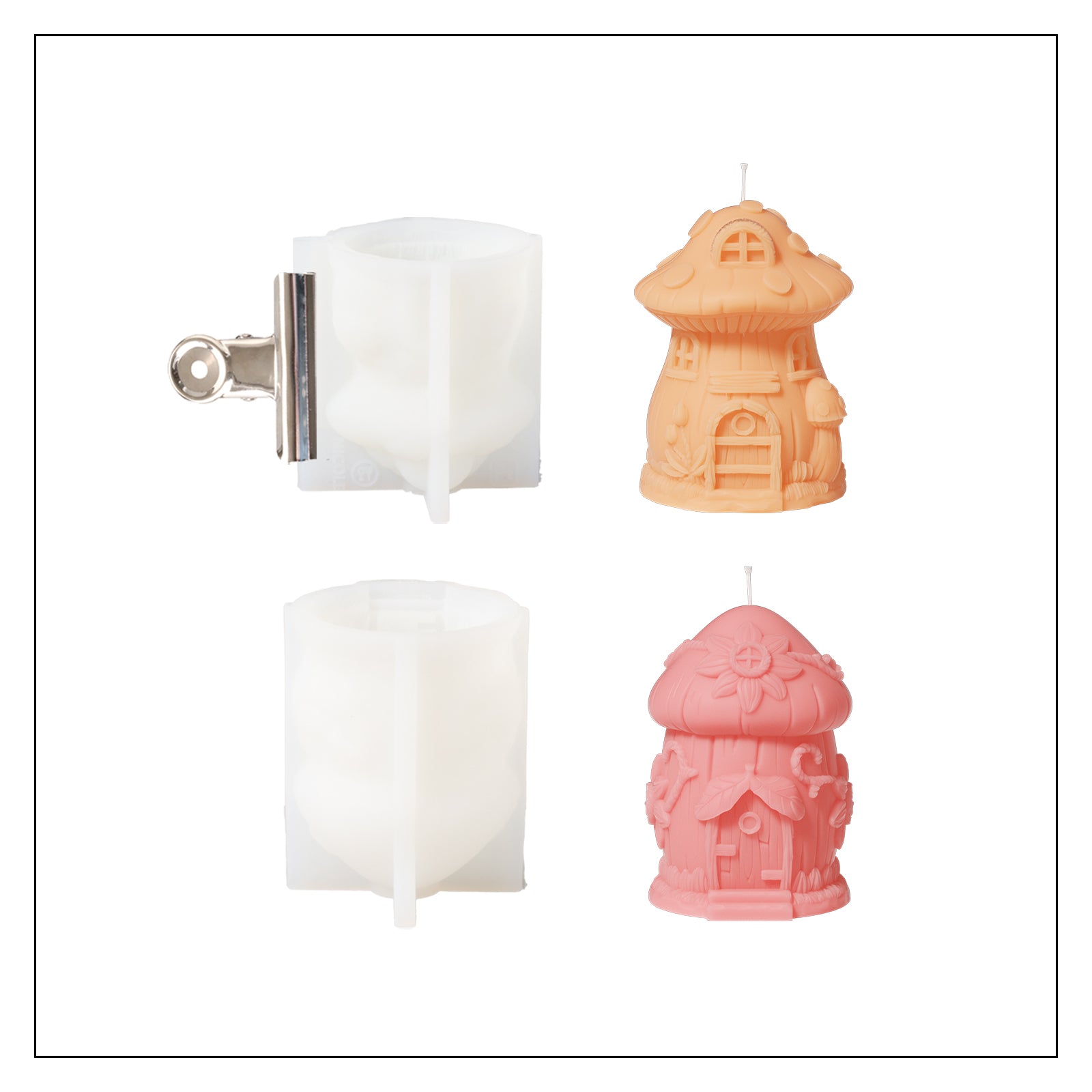 Pink, yellow-pink Miniature Mushroom House Candle and white silicone mold -Boowan Nicole