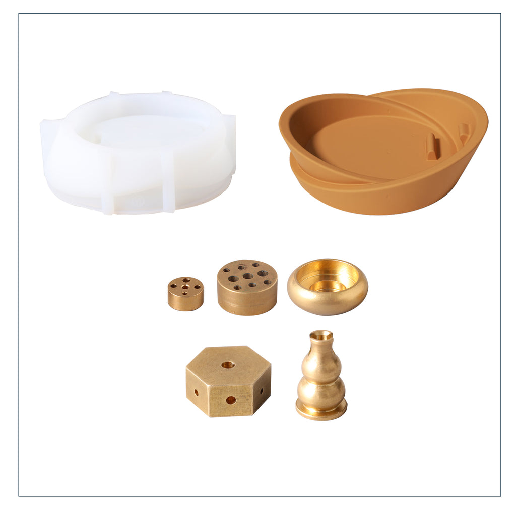 White silicone mold and tan Sail-Shape Incense Holder and five different brass incense holders-Boowan Nicole