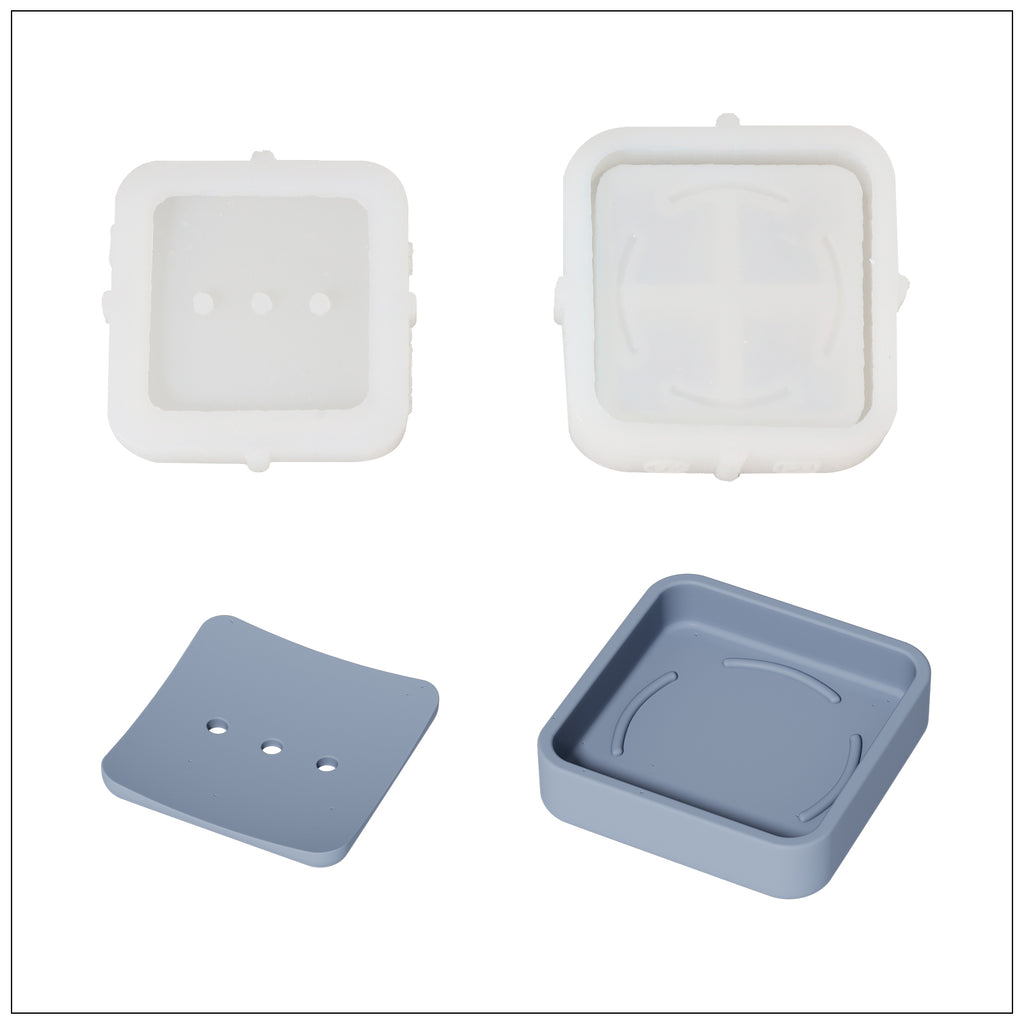Drain tray, soap box molds, and the finished blue product, showcasing the results of handmade soap production.