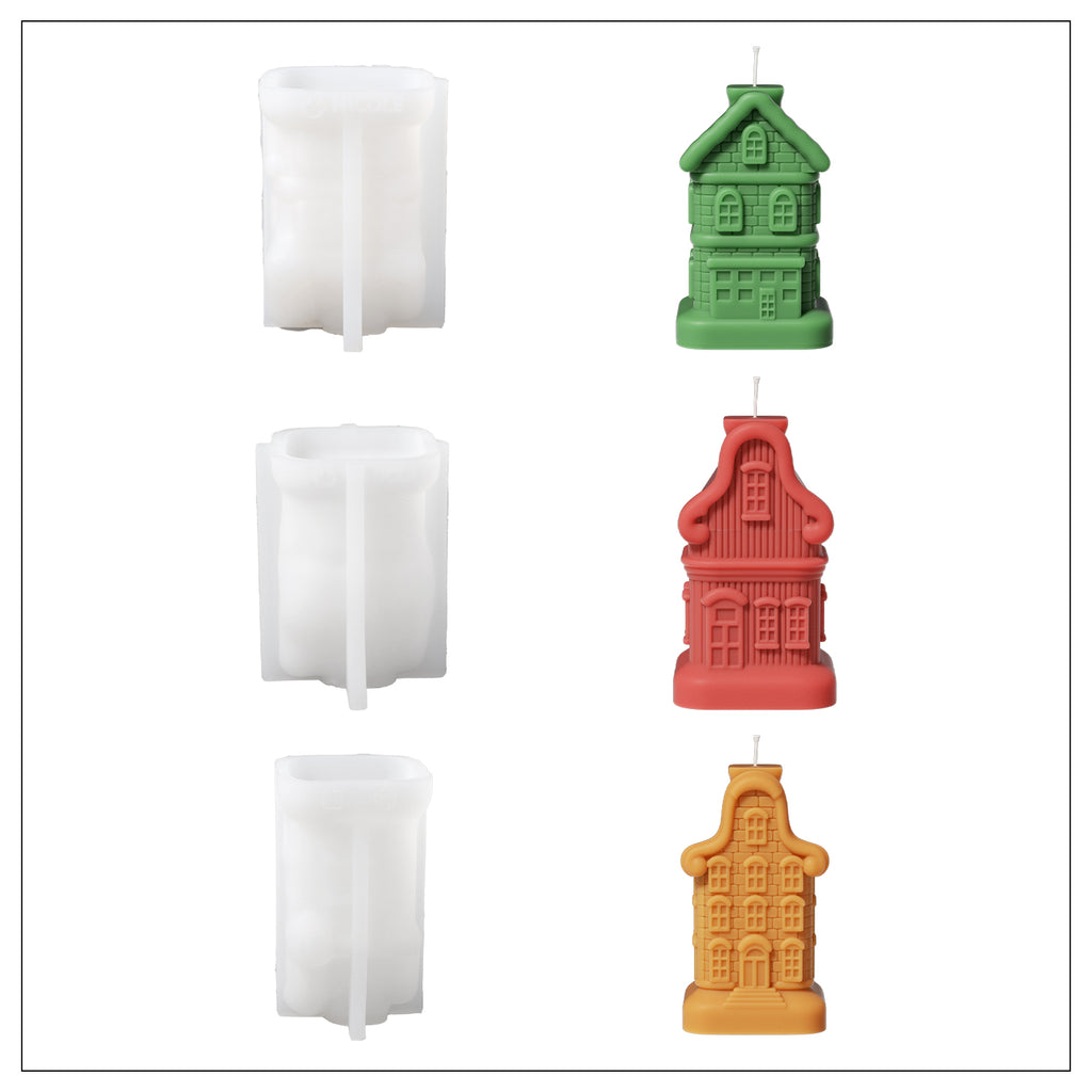 Three house candles of different shapes and colors and corresponding production molds.