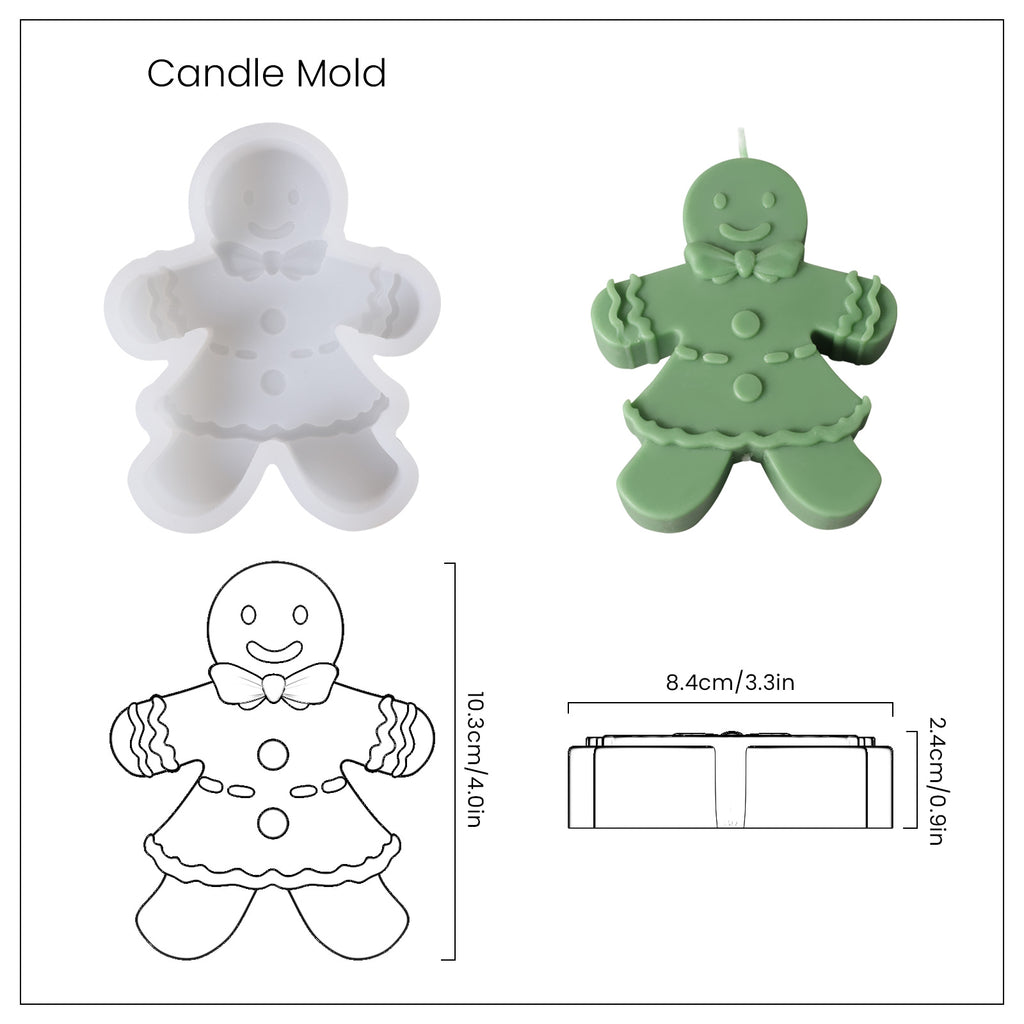 White silicone mold and green gingerbread man candle and finished dimensions, designed by Boowan Nciole.