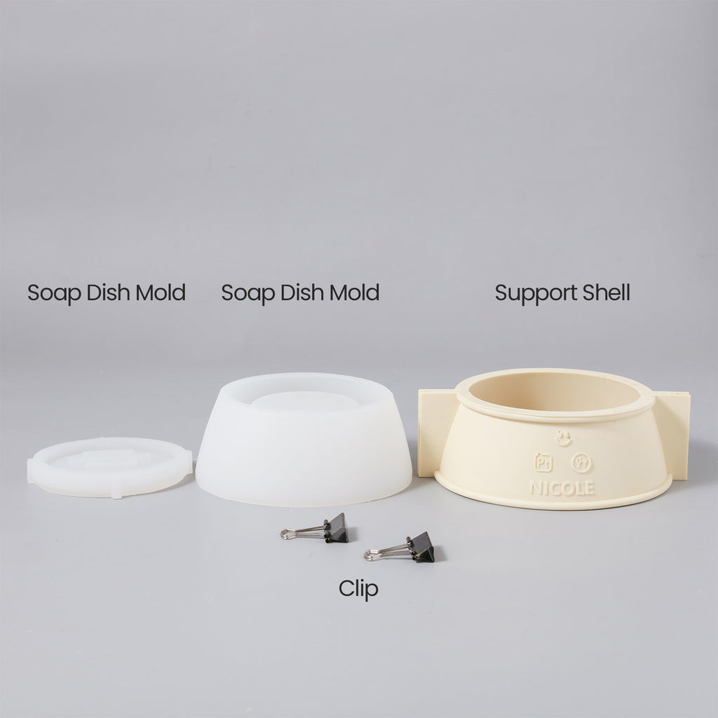 Silicone mold set for making soap dishes, including drain tray mold, soap dish mold, plastic support shell, and clips.