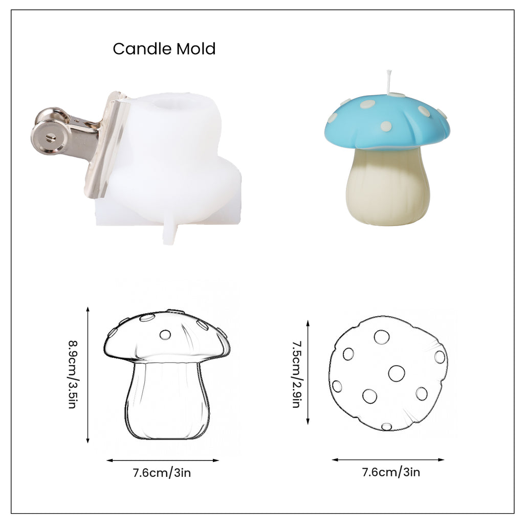 Blue toadstool mushroom-shaped candle with corresponding mold and finished candle size, designed by Boowan Nicole.