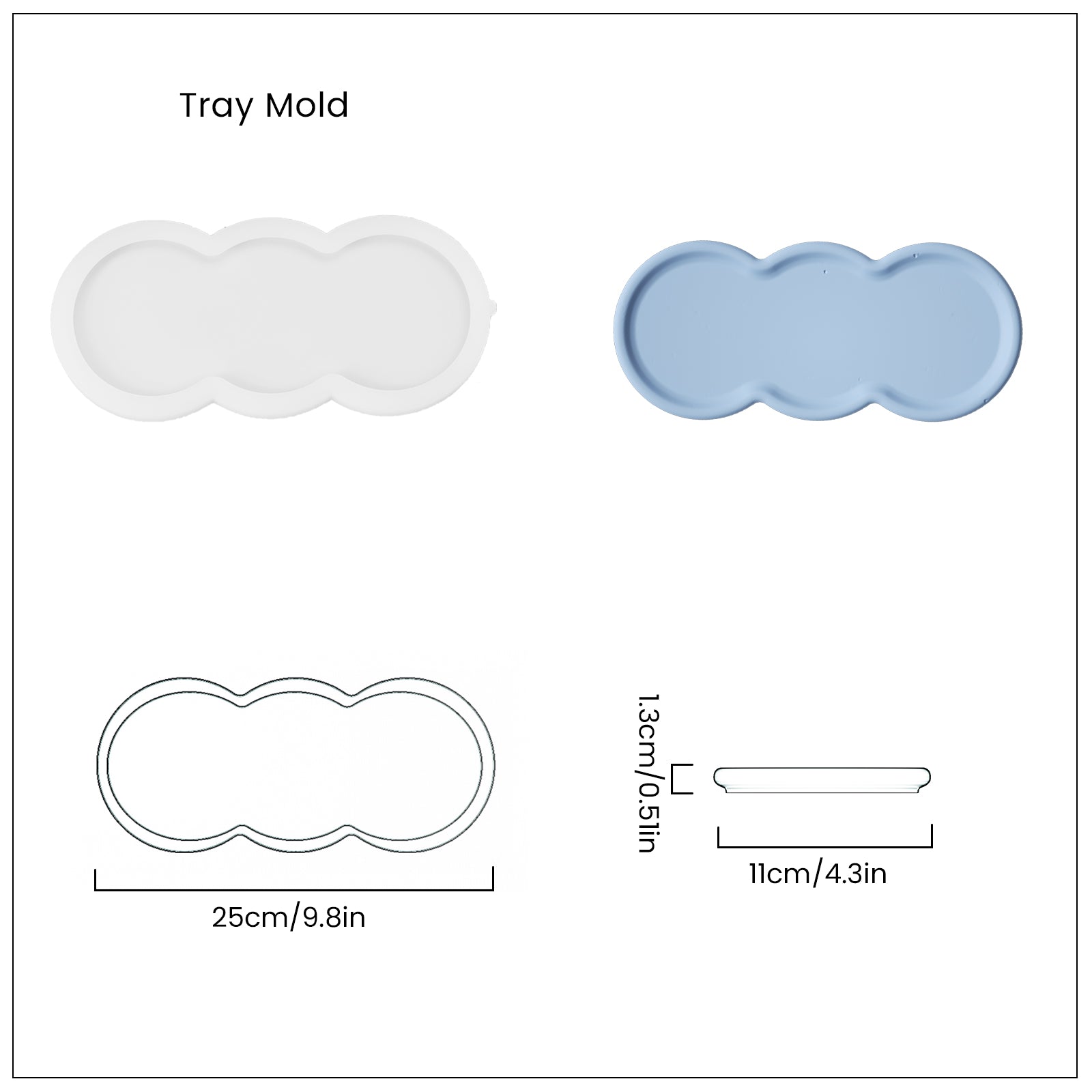 Blue Triple-Nut Peanut-Shaped Tray and White Silicone Molds and Finished Dimensions - Boowan Nicole