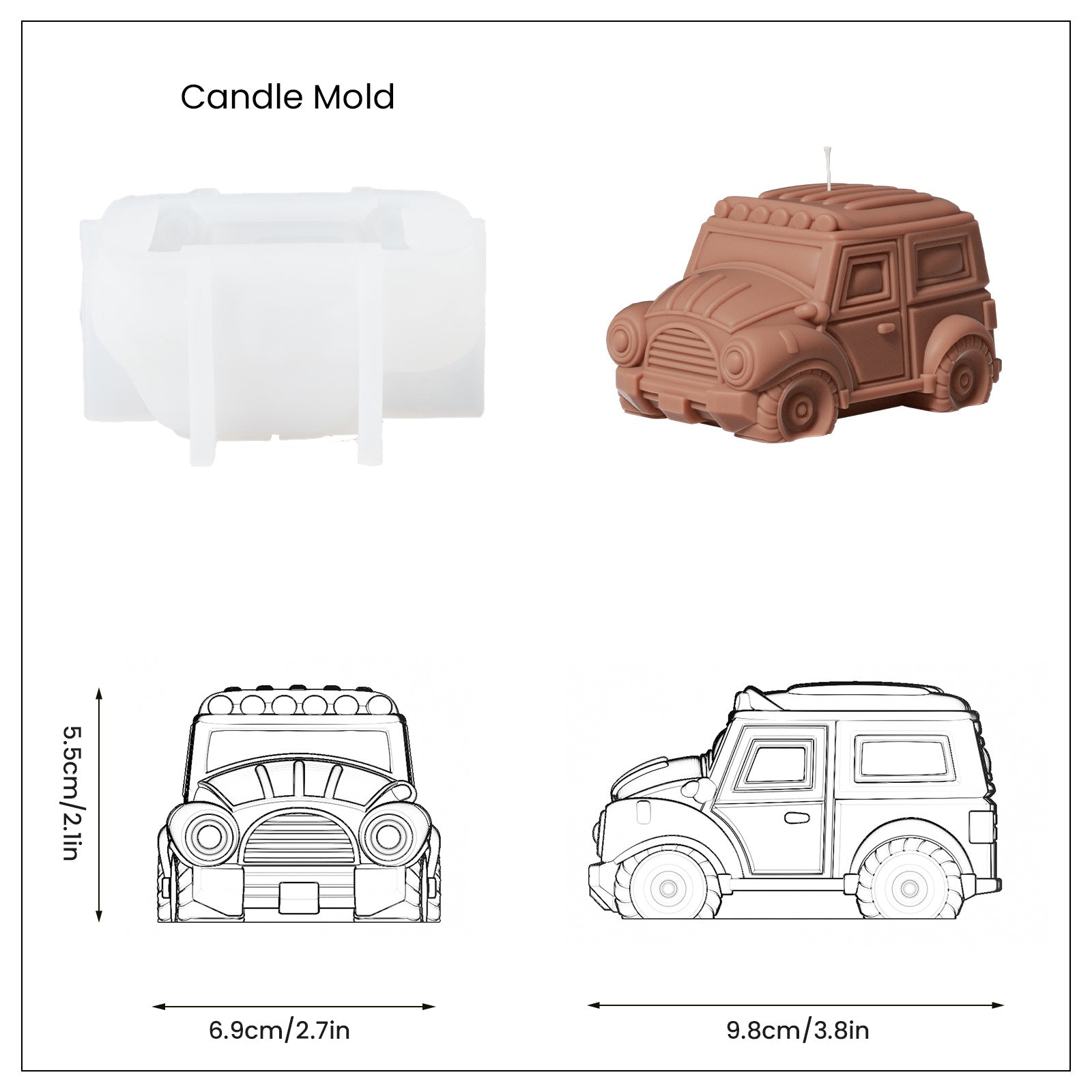 Brown off-road vehicle shaped candle, white silicone mold and finished product size display, designed by Boowan Nicole.