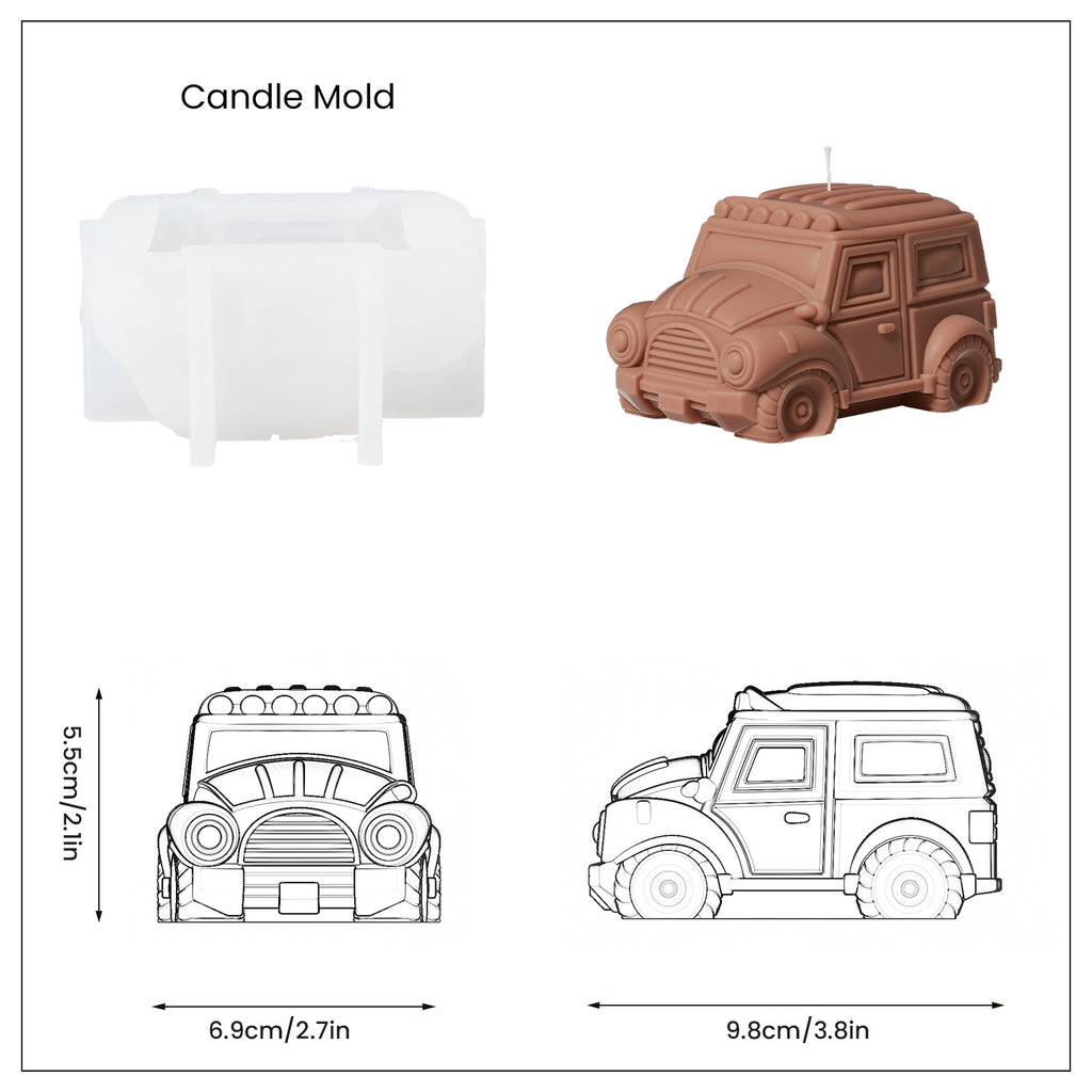 Brown off-road vehicle shaped candle, white silicone mold and finished product size display, designed by Boowan Nicole.