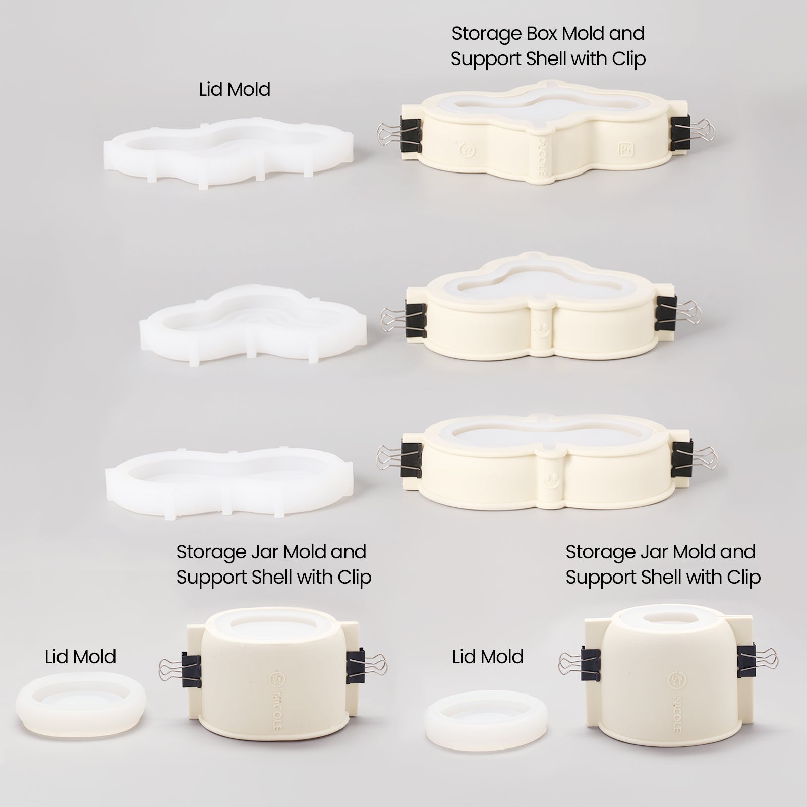 White silicone molds for making wriggle candle jars in different shapes-Boowan Nicole