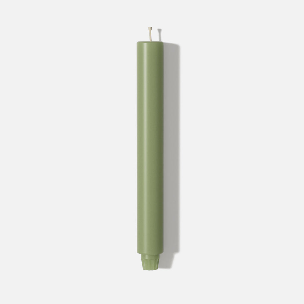Sage green 9.3" classic taper candle with straight sides, rounded tip, and fluted base - Boowan Nicole