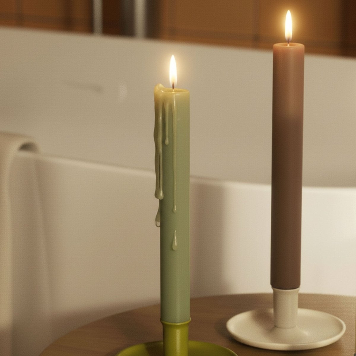 Two lit 9.3" classic taper candles—sage with wax drips and taupe—in ceramic holders on a wooden stool by the bath - Boowan Nicole