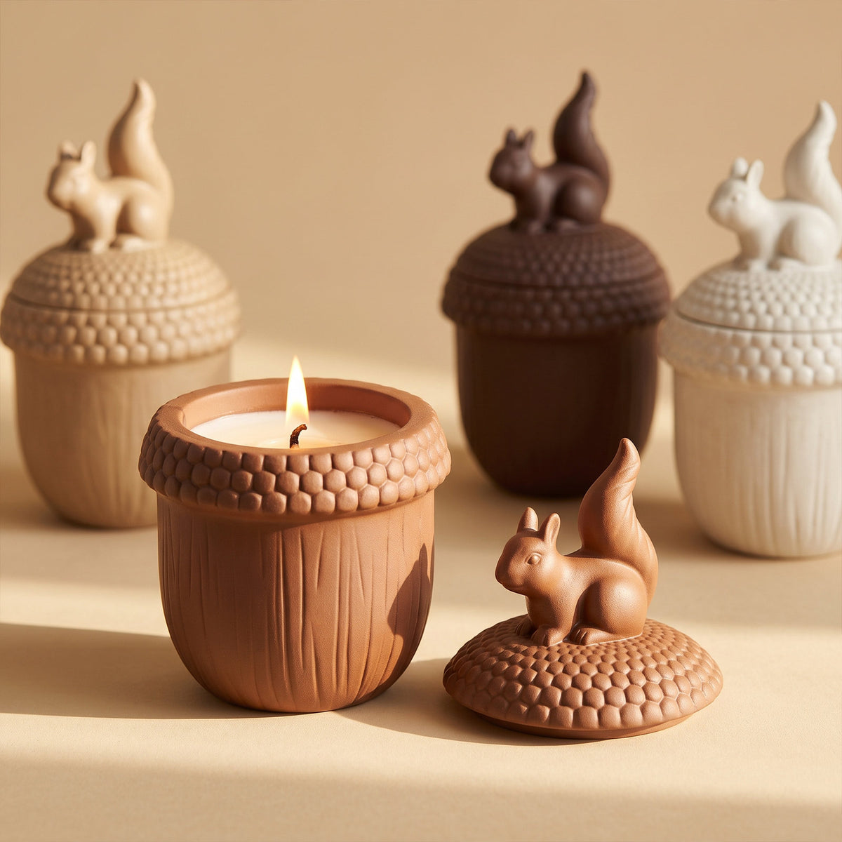 Multi-color collection of acorn lidded candle jars with squirrel ornaments, one lit acorn candle in front on neutral beige background - Boowan Nicole