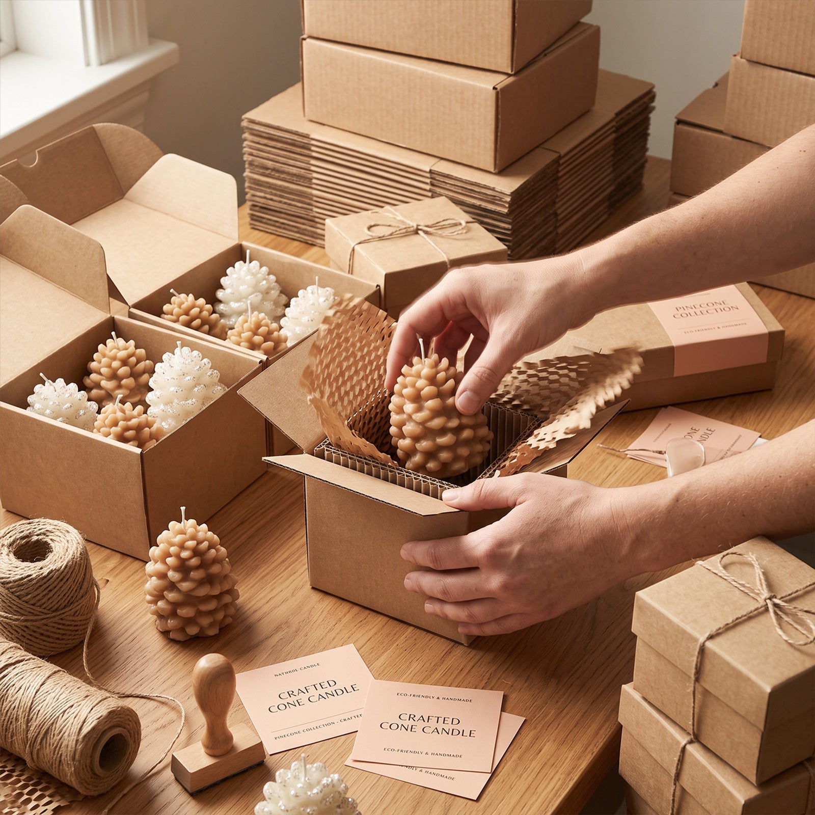 Workshop packaging shot, packing caramel winter pinecone pillar candle into kraft gift boxes with honeycomb filler, bulk handmade candle order scene - Boowan Nicole