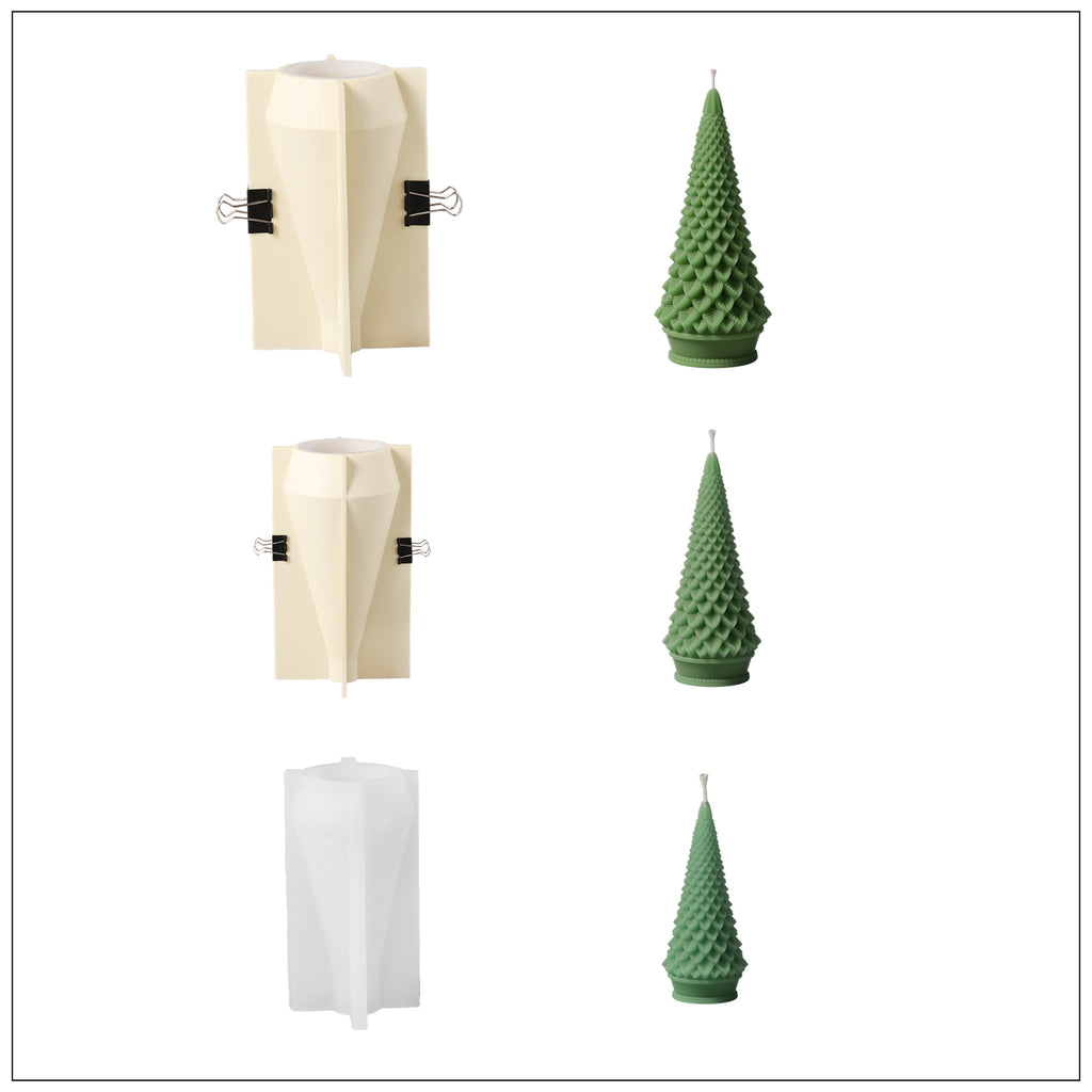 Three different sizes of green Christmas tree candles and corresponding silicone mold sets—Boowan Nicole