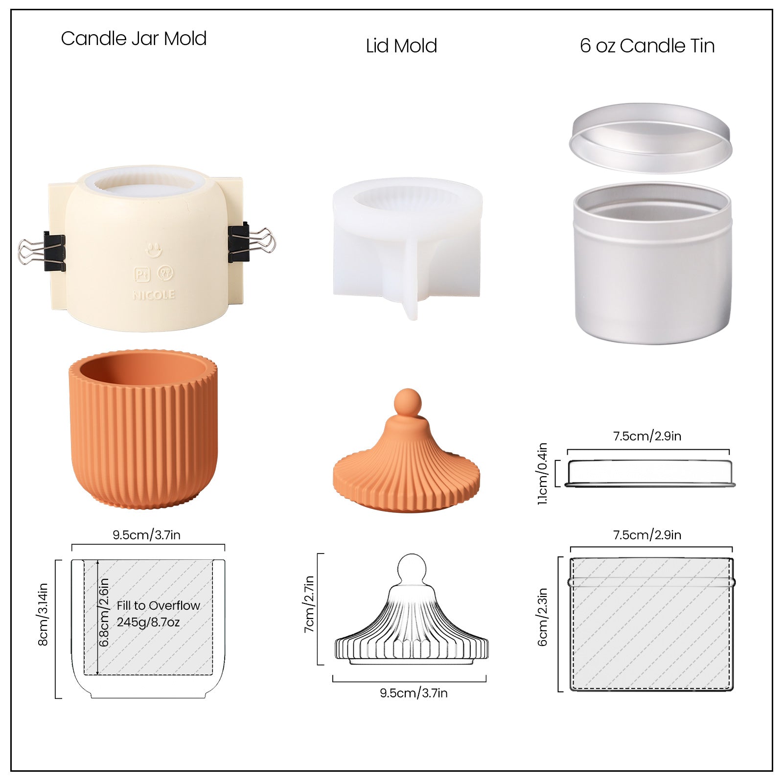 Displaying the silicone mold set and the dimensions of the finished candle jar produced by boowannicole.