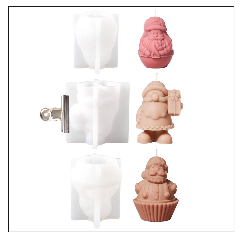 Three different shapes of Santa Claus Candle and corresponding white silicone moulds - Boowan Nicole