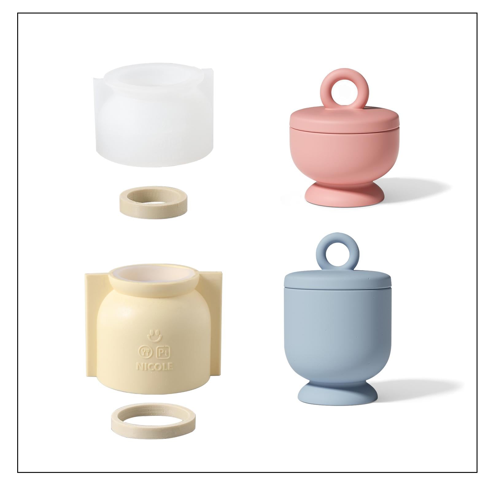 Pink Small and Blue Large Chalice Candle Jar with Ring Handle Lid and White Silicone Mold-Boowan Nicole