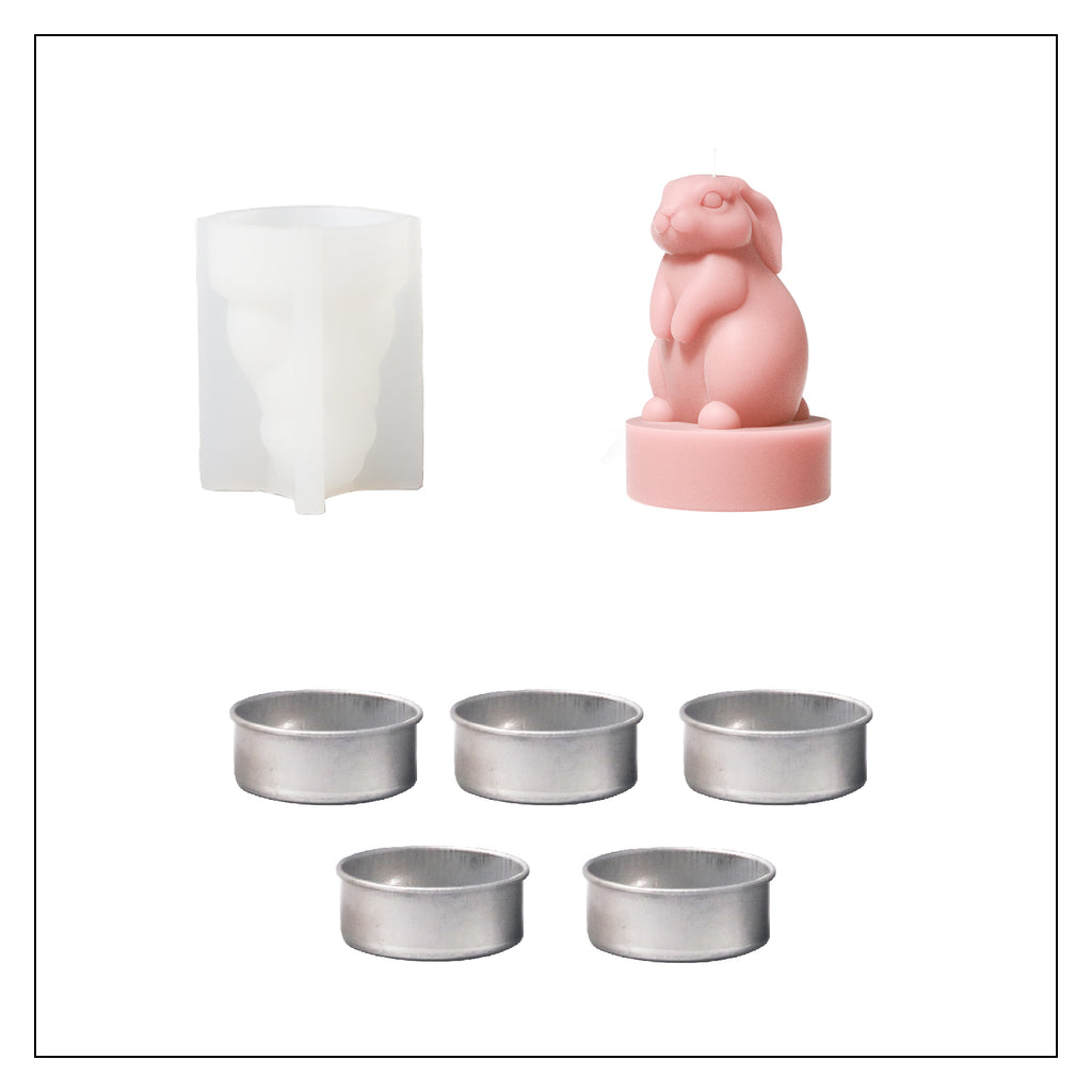 One silicone mold, one Easter bunny tealight candle, and five aluminum tealight candle holders.