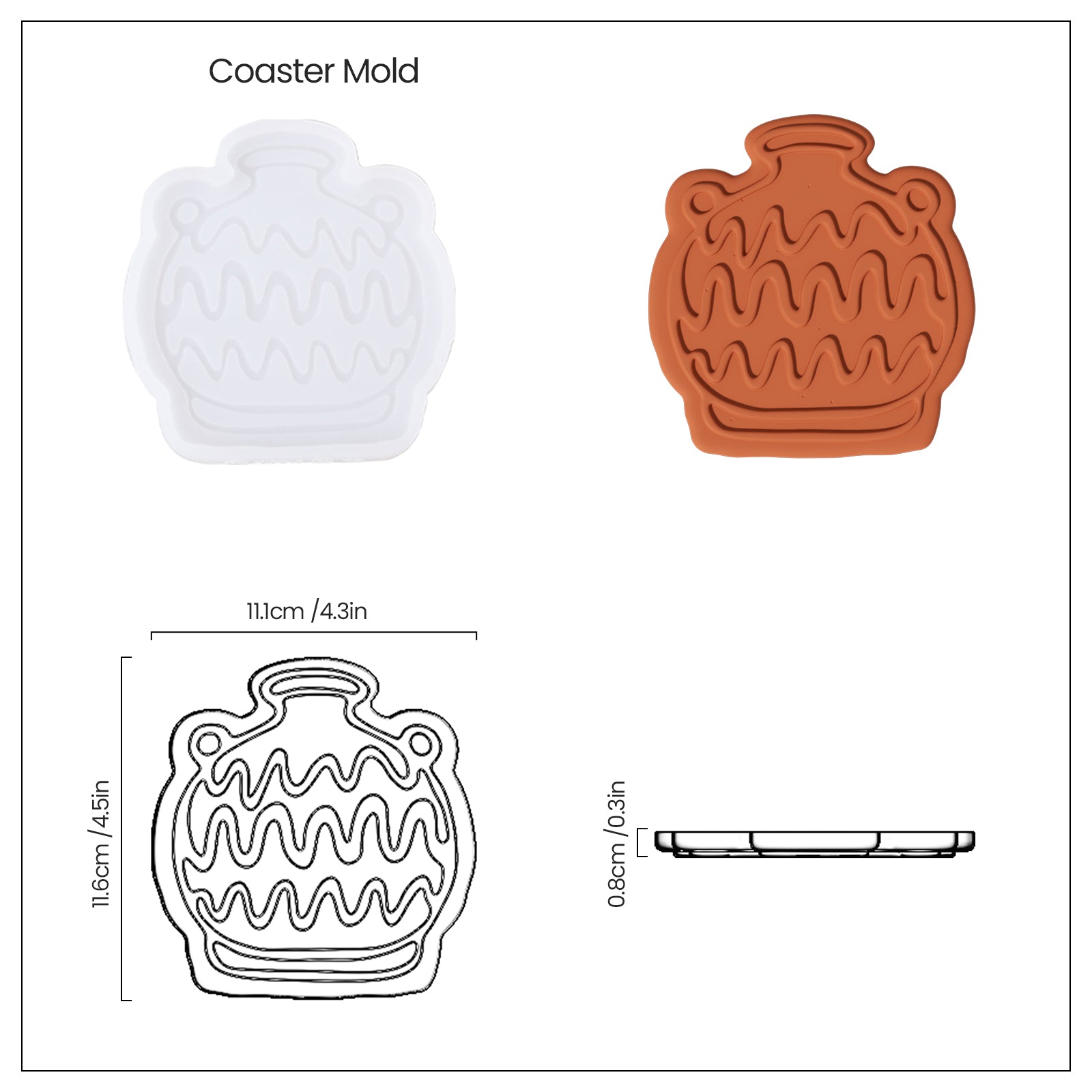 The yellow-brown coaster, silicone mold and finished product size are designed by Boowan Nicole.