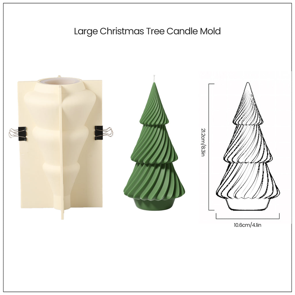 8" Green Evergreen Christmas Tree Candle and White Silicone Mold and Finished Dimensions - Boowan Nicole