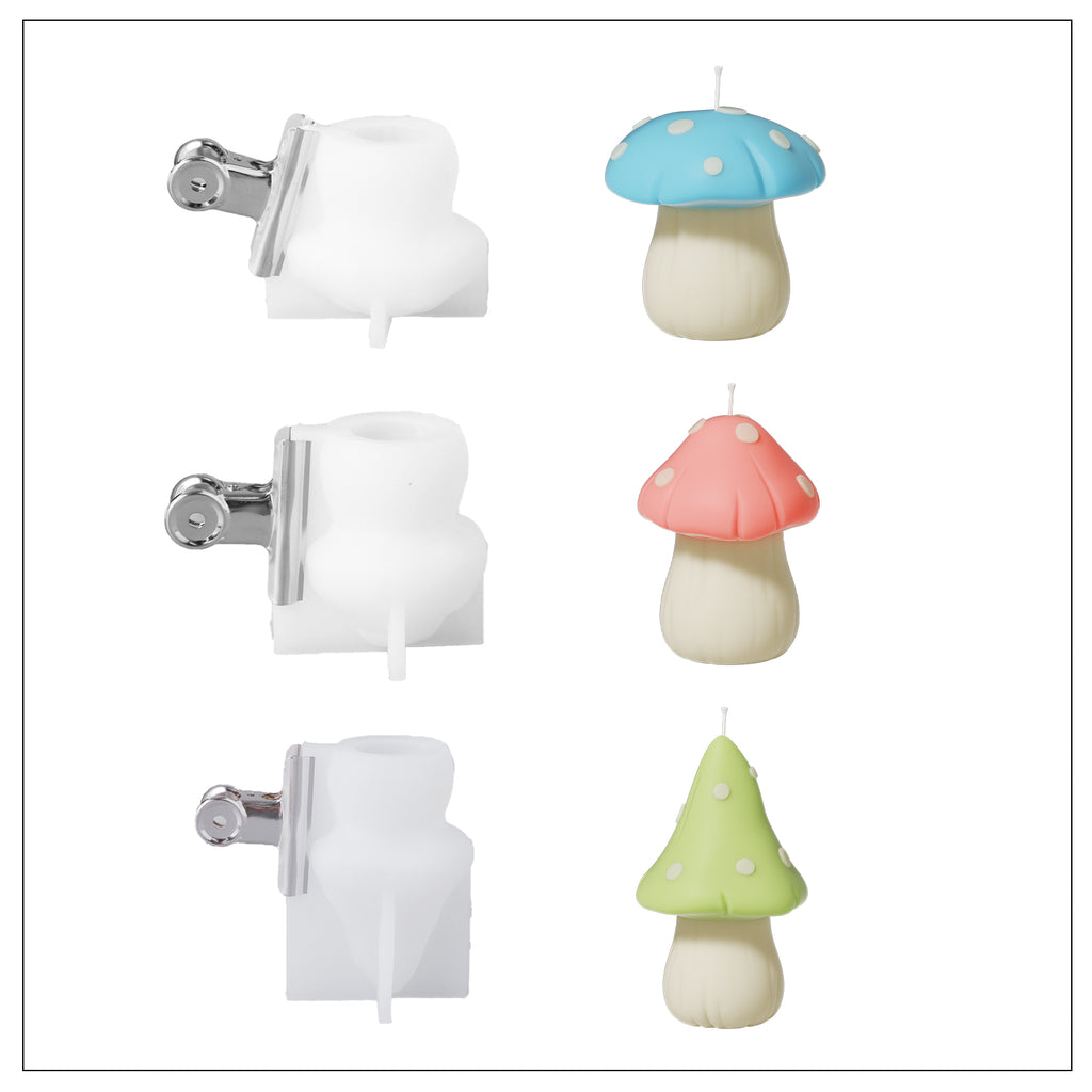 Three mushroom-shaped candles of different colors and designs and corresponding white silicone molds, designed by Boowan Nicole.
