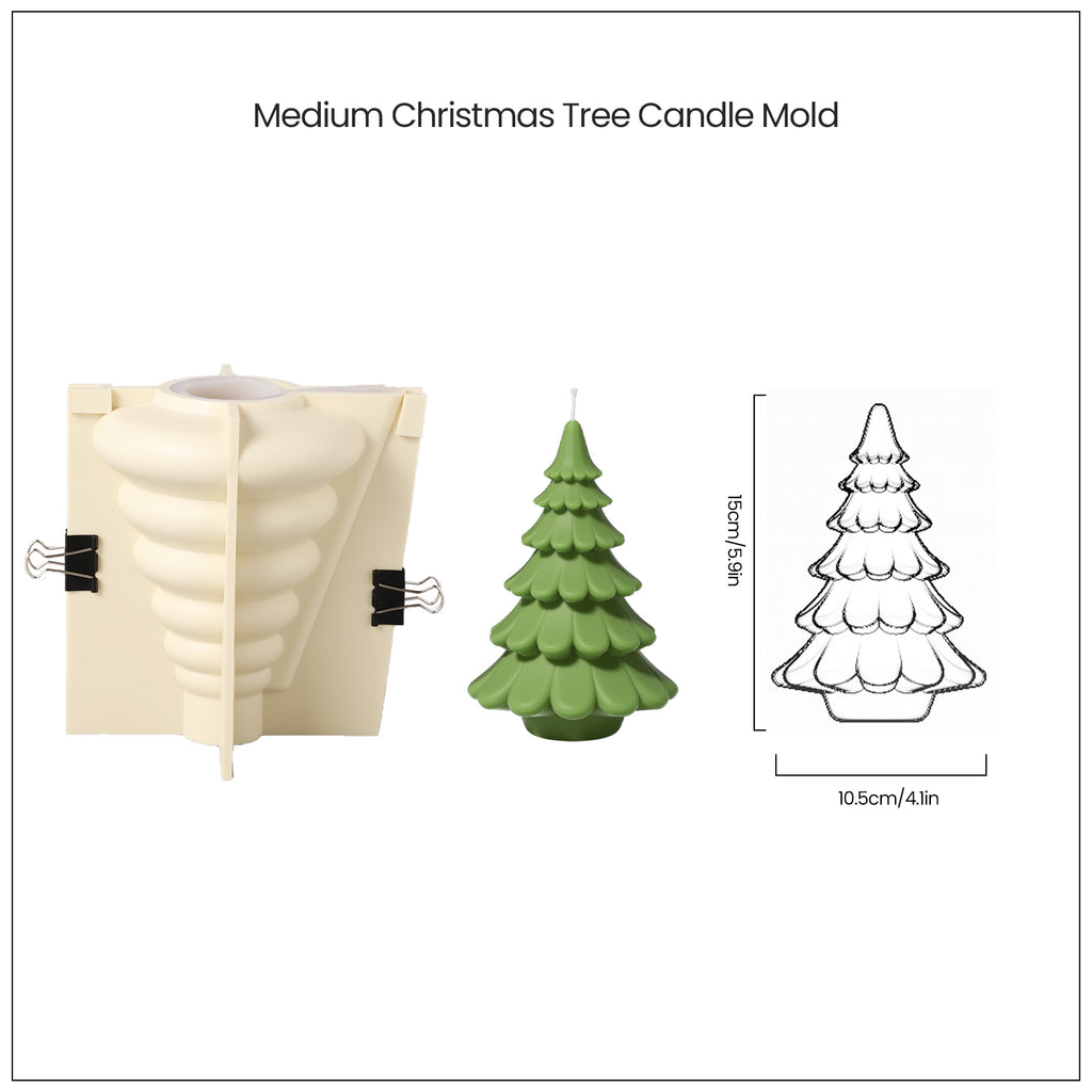 Green medium layered Christmas tree candle and white silicone molds and finished sizes, designed by Boowan Nicole.