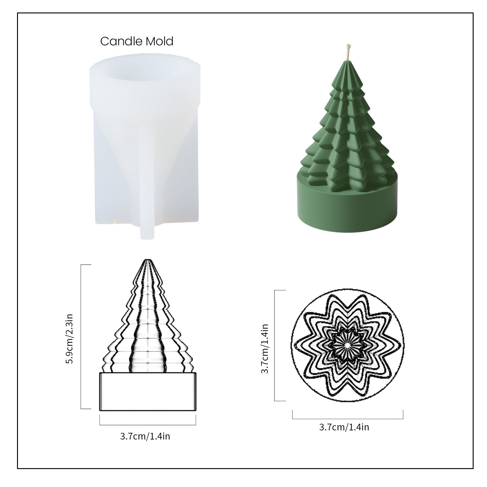 Green Mini Christmas Tree Candle and White Silicone Mold and Finished Size-Boowan Nicole